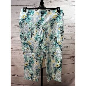 Womens Coral Reef Print Pull On Crop Pants Teal Green‎ White Stretch Size 12